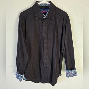 Robert Graham Shirt Mens Black Floral Geometric Button Up Flip Cuff Logo, Large